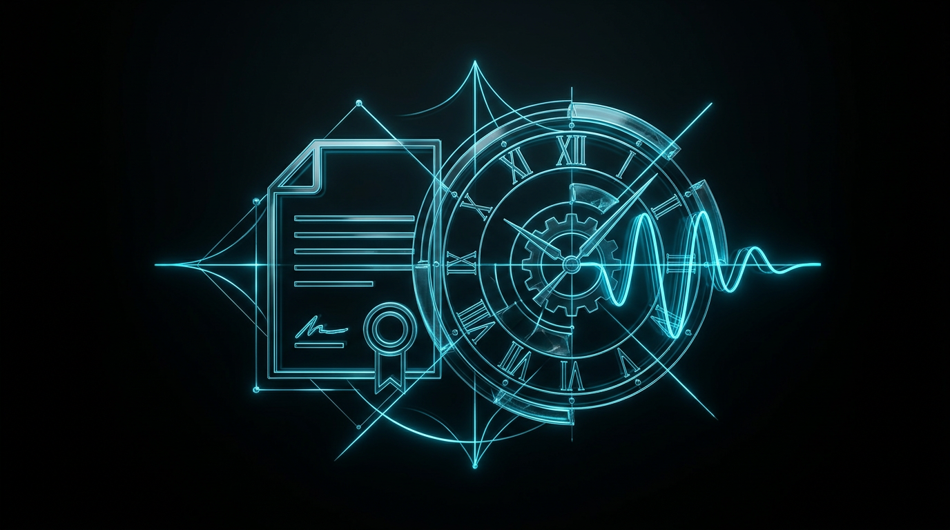 Abstract cyan geometric lines forming a stylized document and waveform on a black background