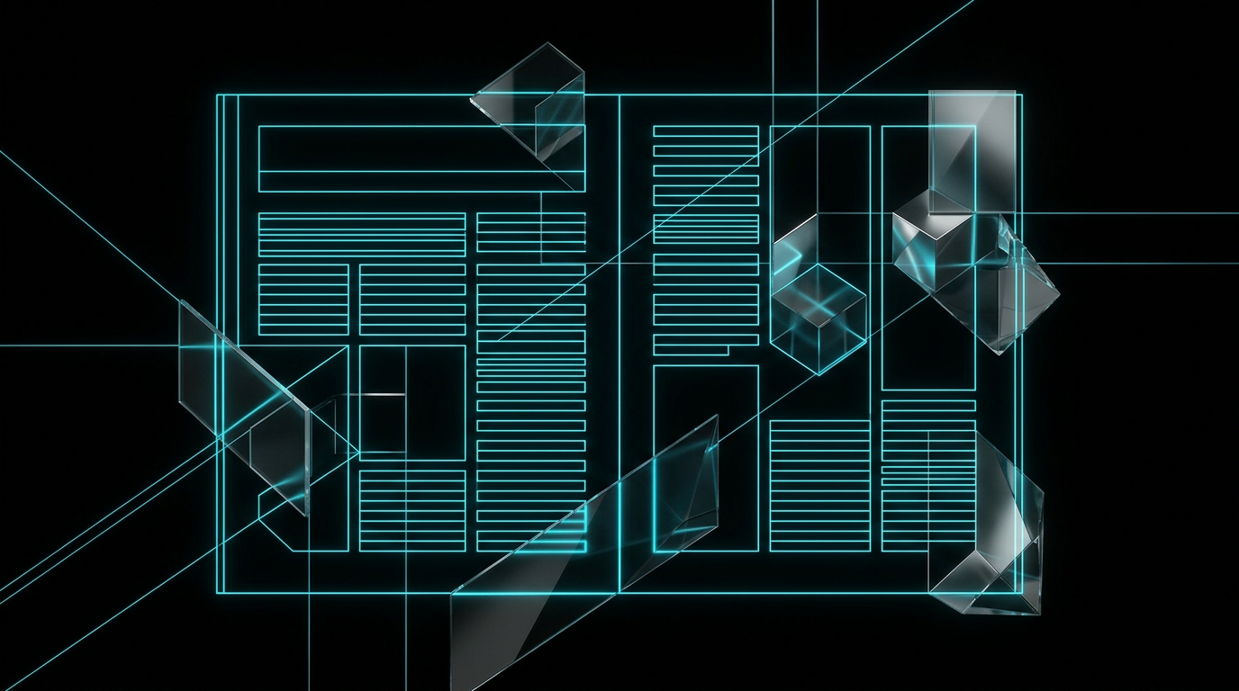 Abstract cyan geometric lines and glass shapes representing organized structure on a black background