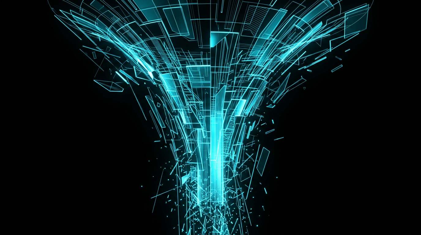 Abstract cyan geometric line work showing cascading glass plates on a black background