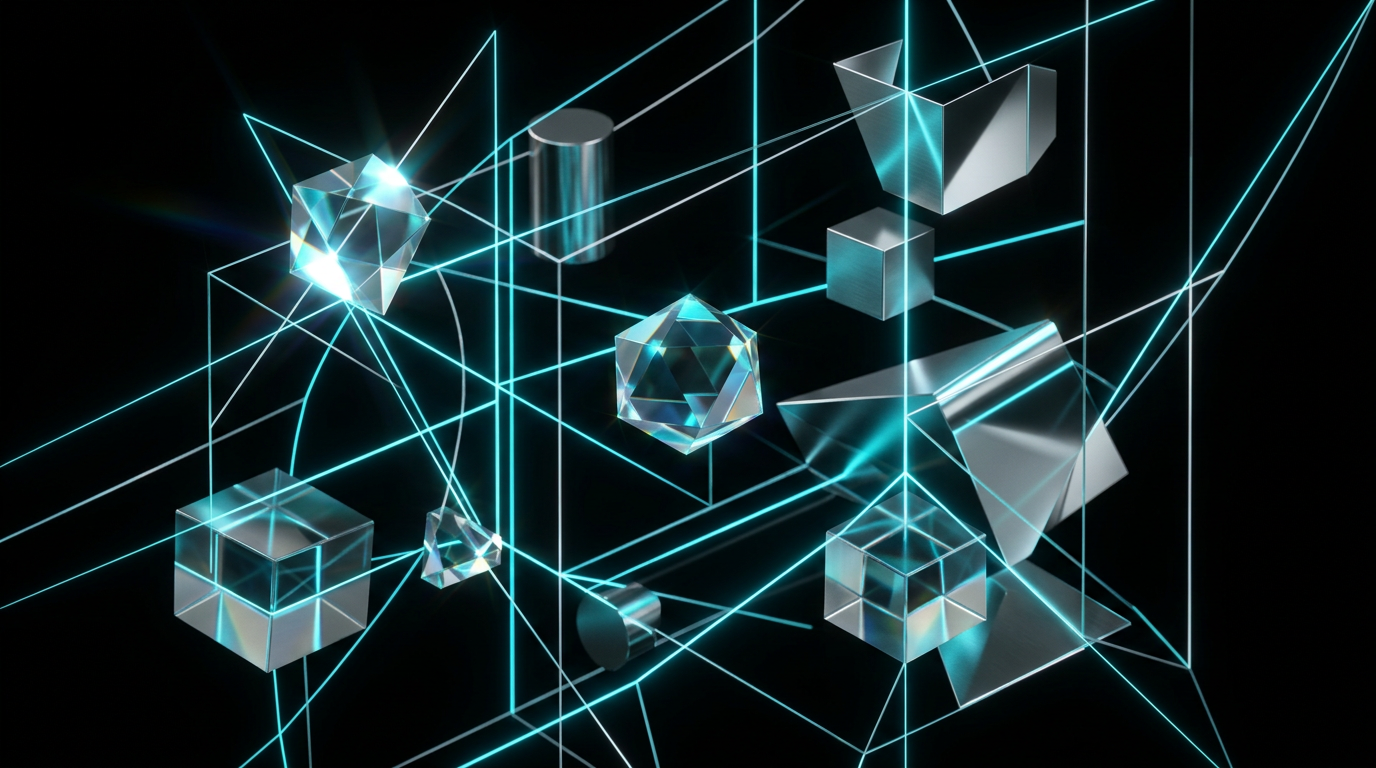 Abstract geometric composition with glowing cyan lines, glass forms, and polished metal shapes on a pure black background.