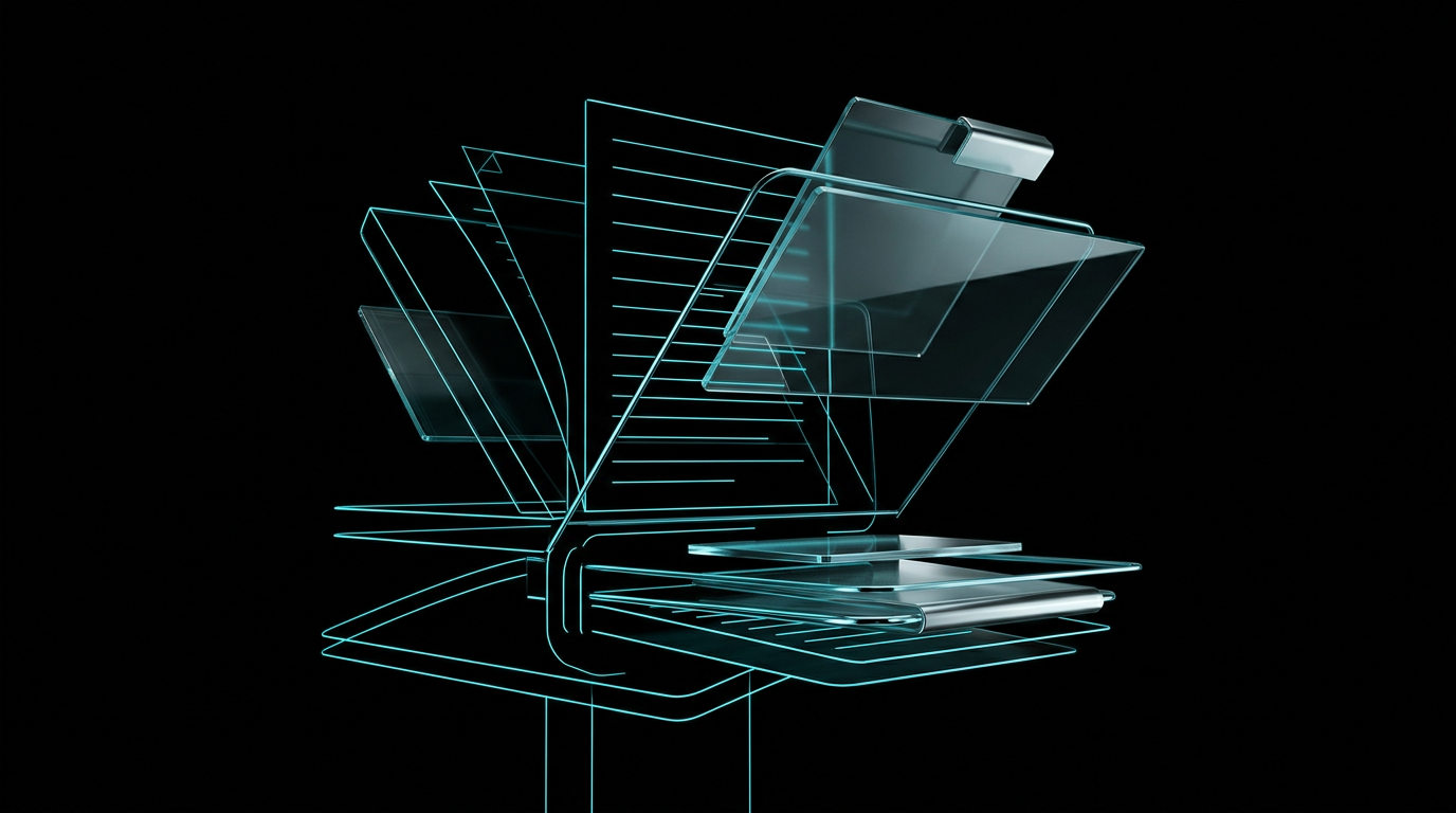 An abstract digital illustration of glowing cyan geometric lines and glass panels resembling structured video script pages on a black background.