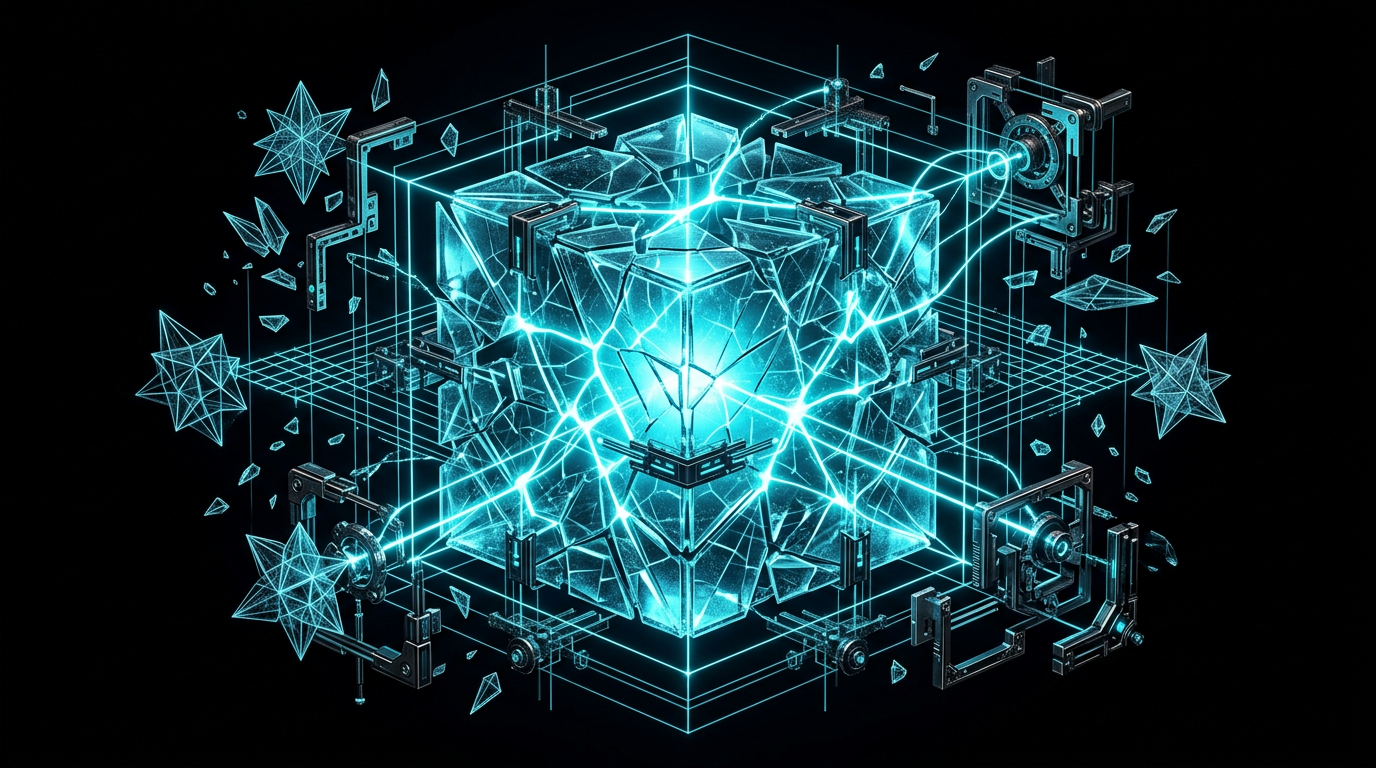 An abstract conceptual illustration showing thin cyan lines repairing a fractured glass cube against a black background
