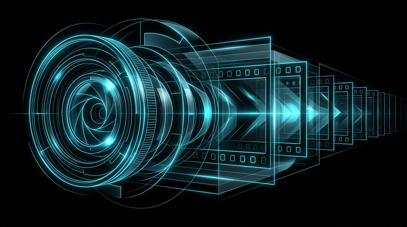 Abstract cyan line work representing a camera lens and film strips on a black background