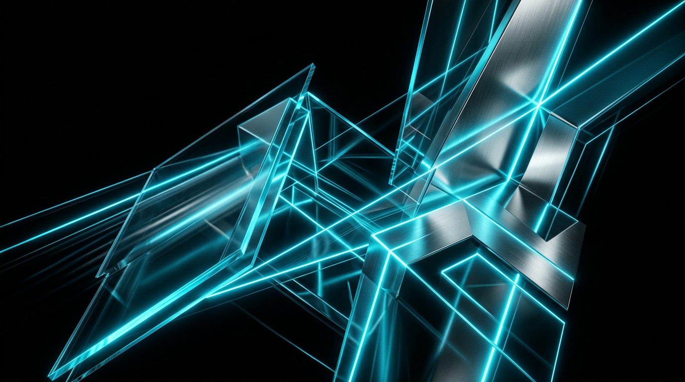 Abstract minimalist geometric composition featuring polished glass and metal shapes highlighted with glowing electric cyan light on a pure black background.