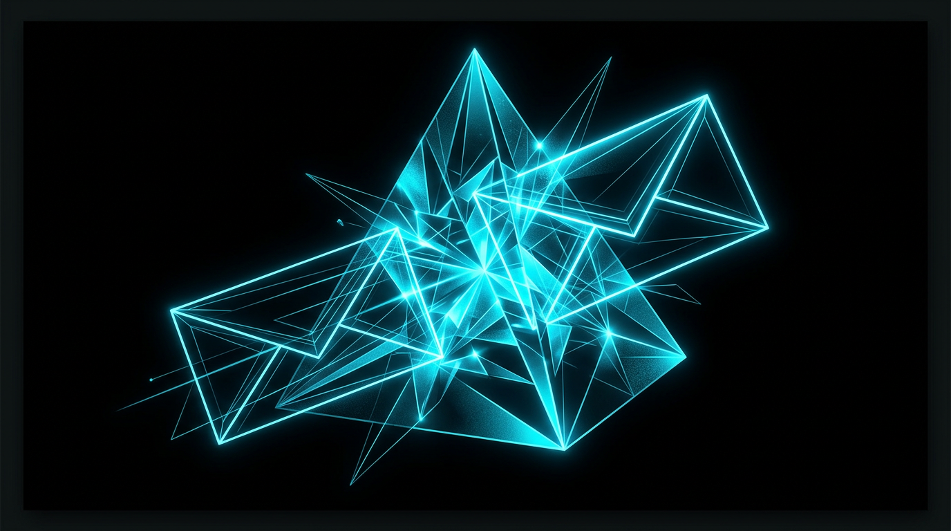 An abstract digital illustration of a metallic envelope passing through a glowing blue geometric prism on a dark background.