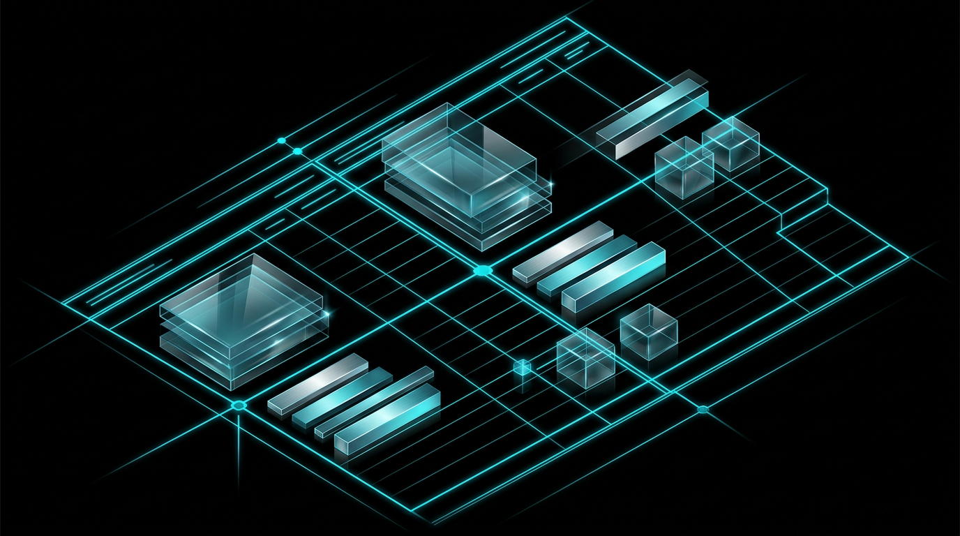 Abstract digital art of electric cyan geometric lines and glass forms on a black background, representing a financial spreadsheet.