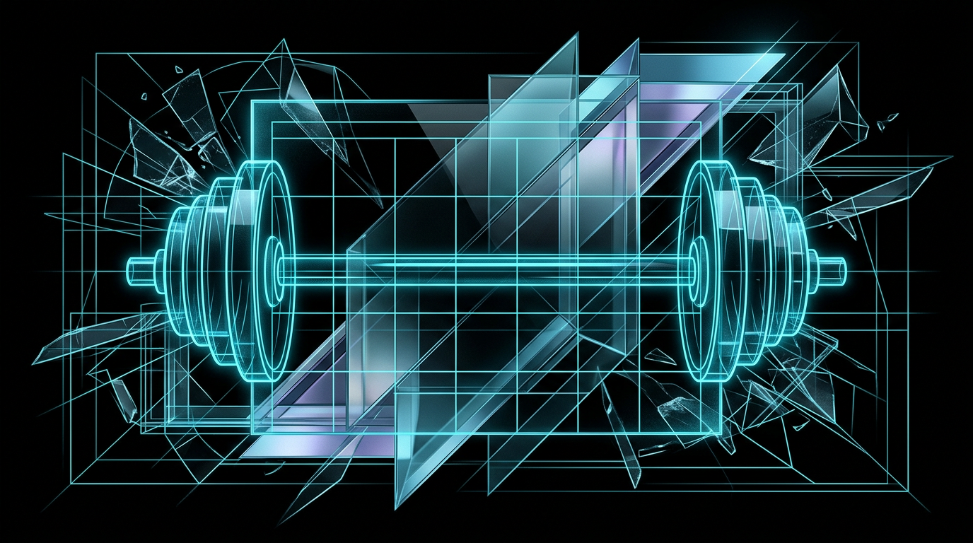 Abstract geometric line work of a barbell and a calendar grid in glowing electric cyan light on a black background.