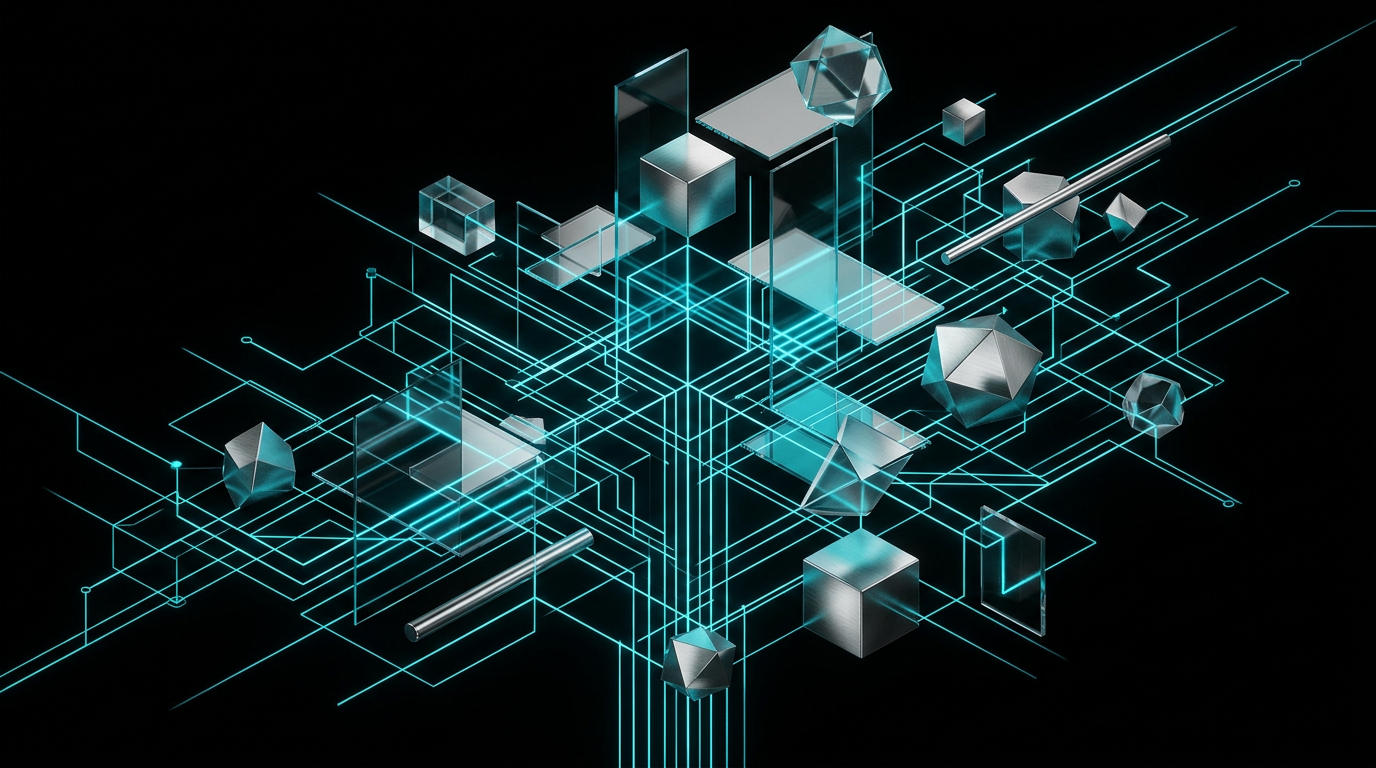 An abstract geometric matrix of cyan light lines and floating glass planes on a black background