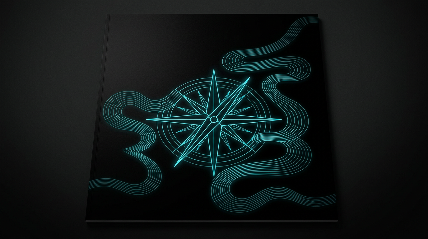 Abstract cyan geometric lines forming a compass and path on a black background