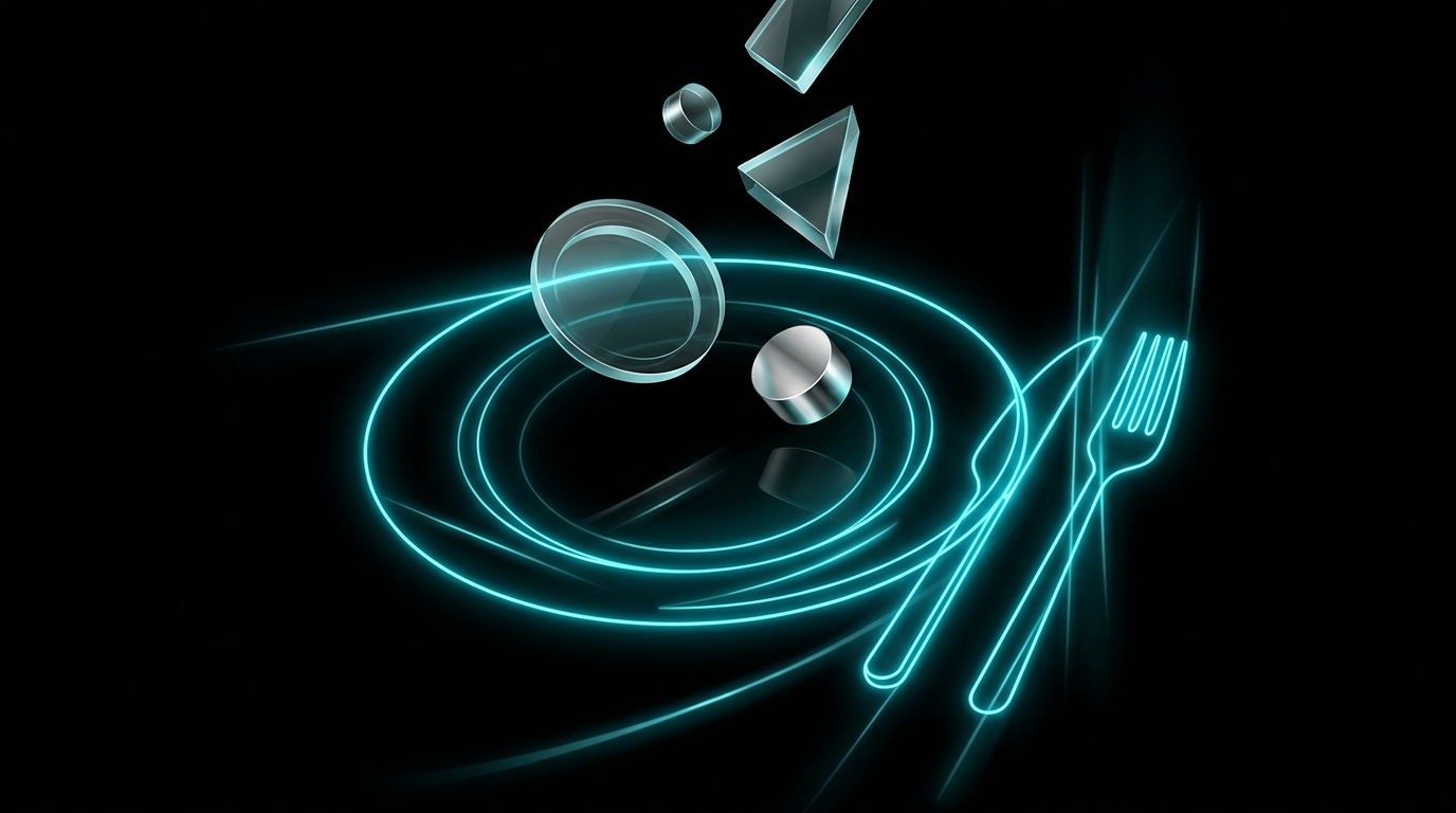 An abstract digital illustration of a plate and cutlery outlined in cyan light on a black background, with floating glass geometric shapes.