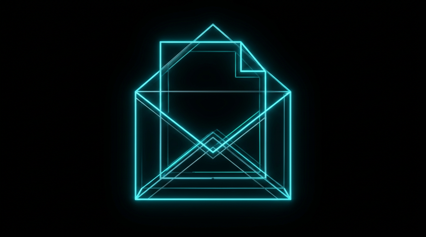 An abstract neon electric cyan illustration of an open document and envelope made of glass and glowing lines on a dark background.