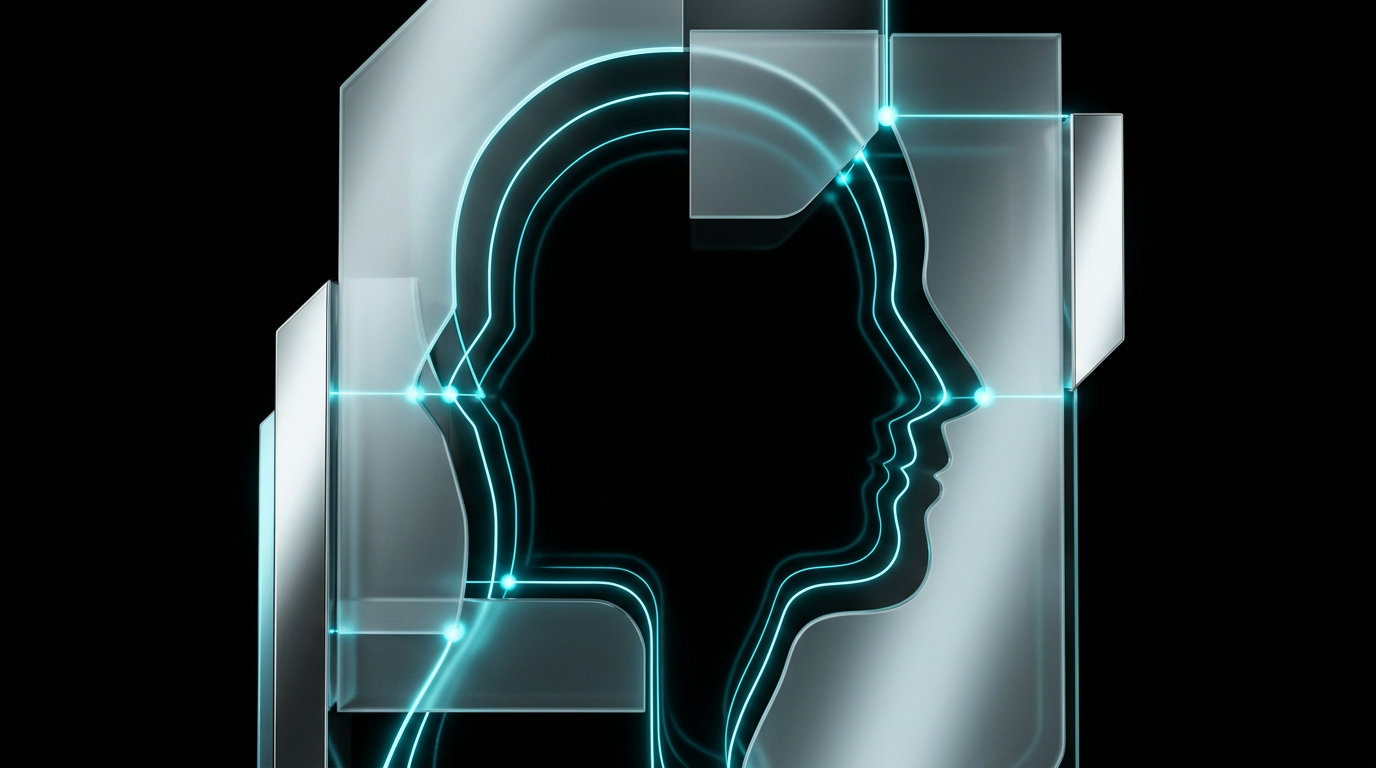 Abstract geometric silhouette outlined in electric cyan light behind layers of glass and polished chrome on a black background.