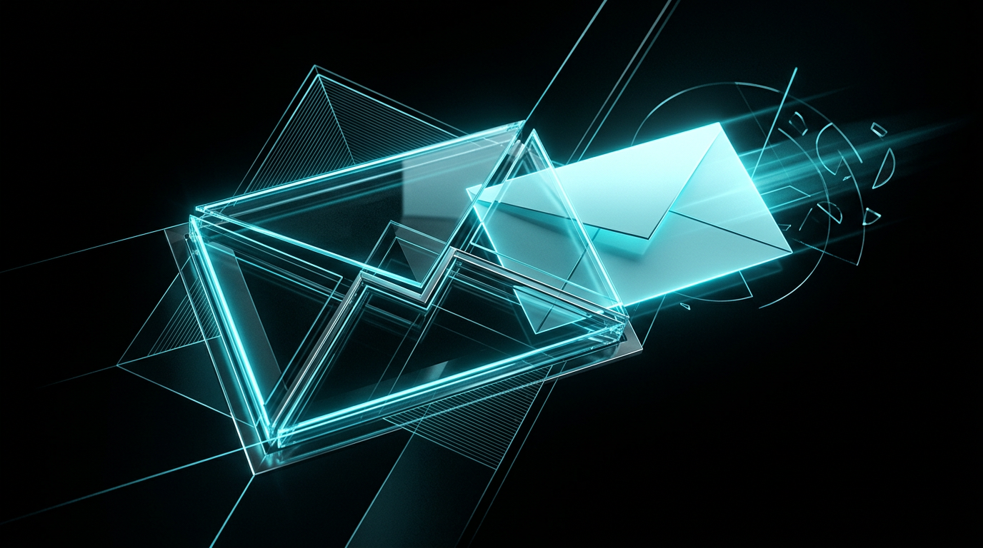 Abstract digital art depicting a glowing cyan geometric letter emerging from a glass envelope against a dark background.