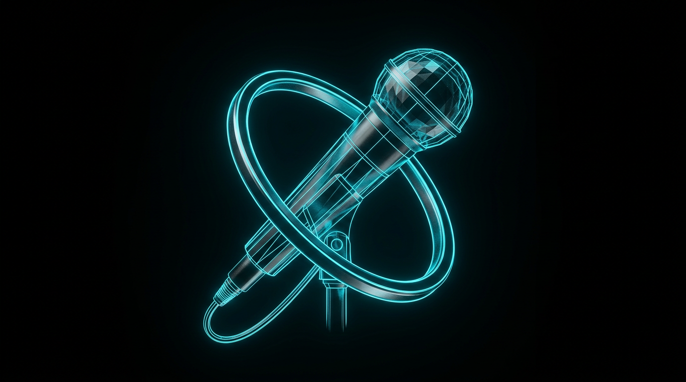 An abstract geometric illustration of a microphone and interlocking rings in glowing cyan lines on a black background.