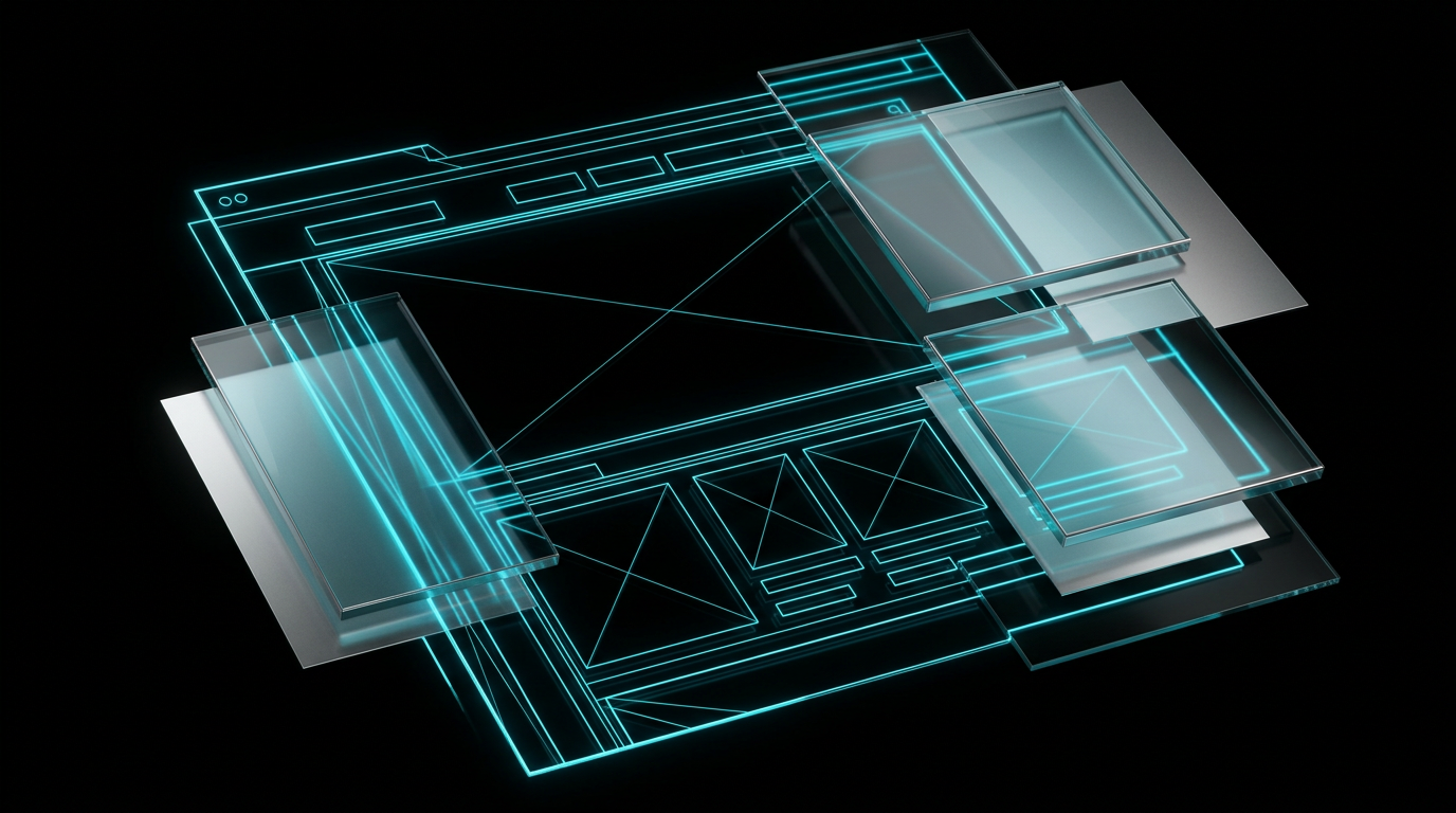 An abstract geometric wireframe of a website layout glowing in cyan light on a black background.