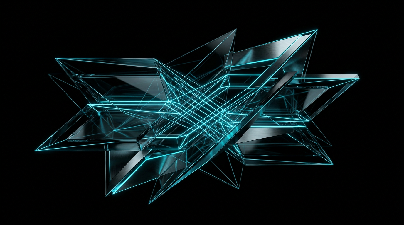 Abstract geometric glass and metal structure illuminated by electric cyan light against a dark background.