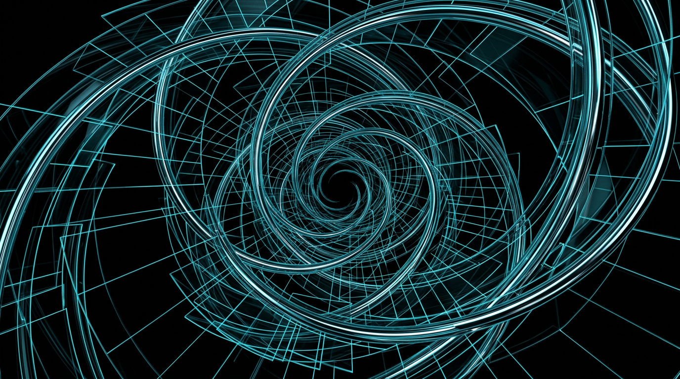 Abstract cyan geometric line work on a black background showing a continuous flow of glass and metal shapes