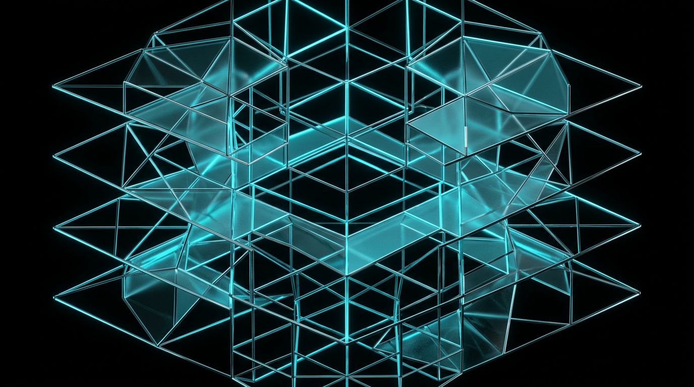 An abstract editorial illustration featuring four interlocking geometric glass and metal structures glowing with electric cyan light on a pure black background.
