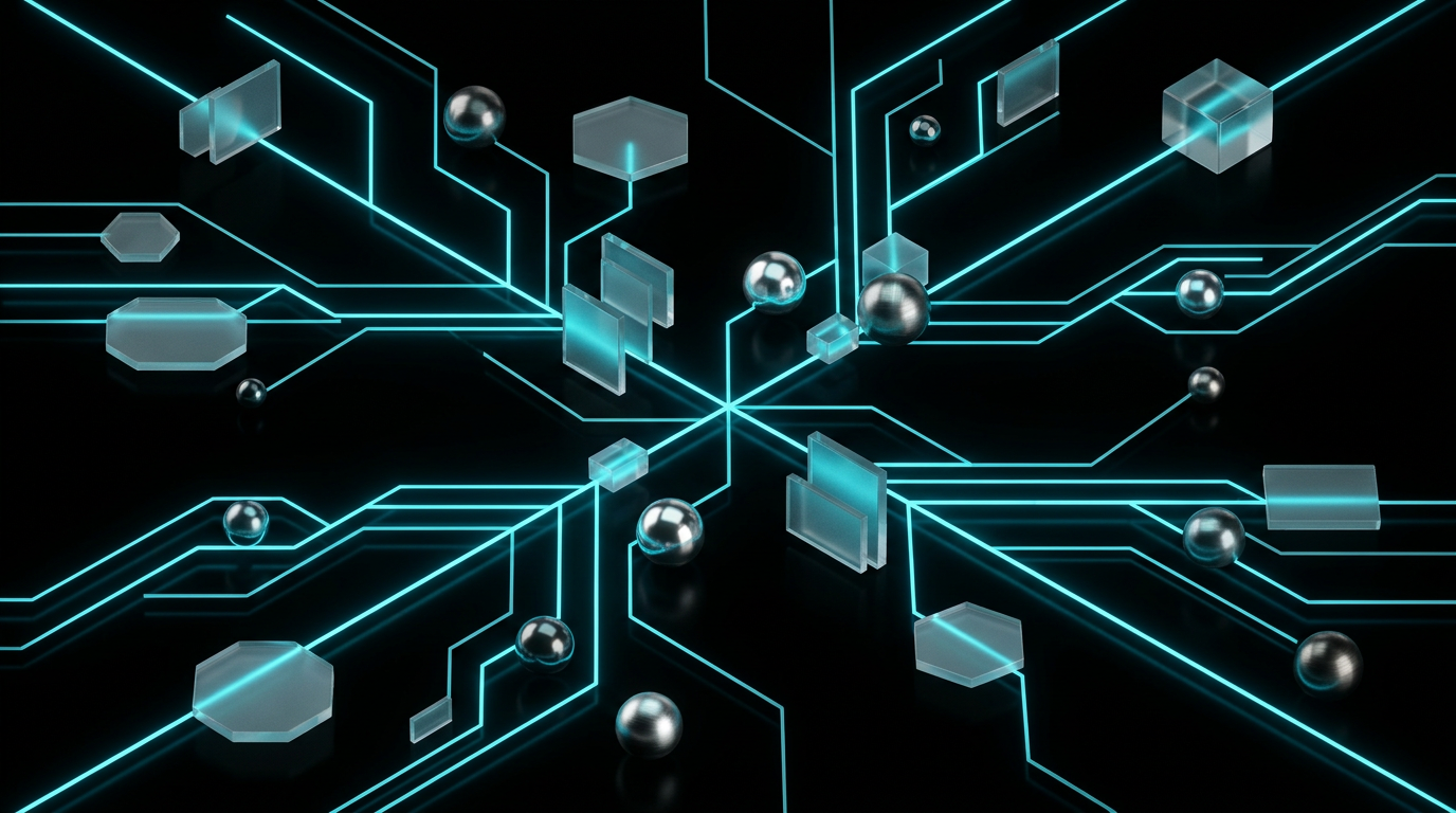 An abstract digital network map with glowing electric cyan lines and geometric glass shapes on a black background.