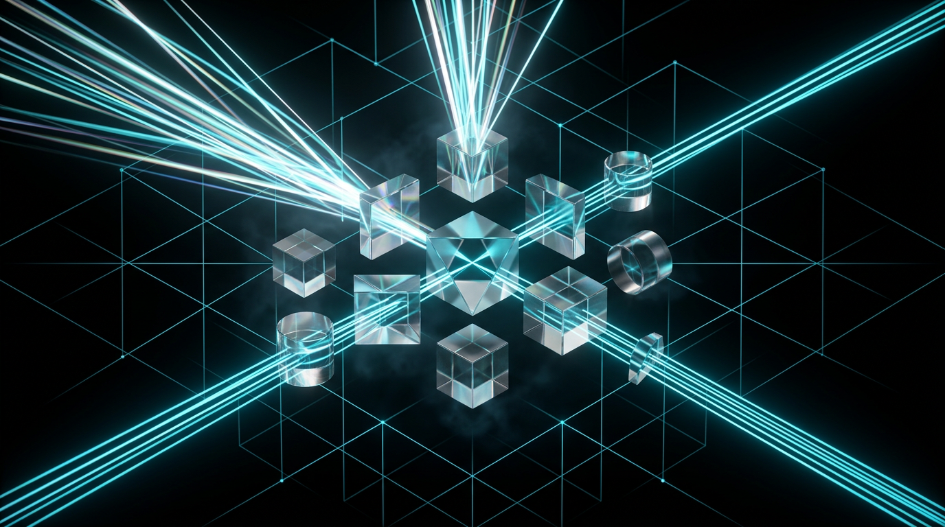 An abstract geometric illustration with electric cyan lines, glass prisms, and metal shapes on a black background.