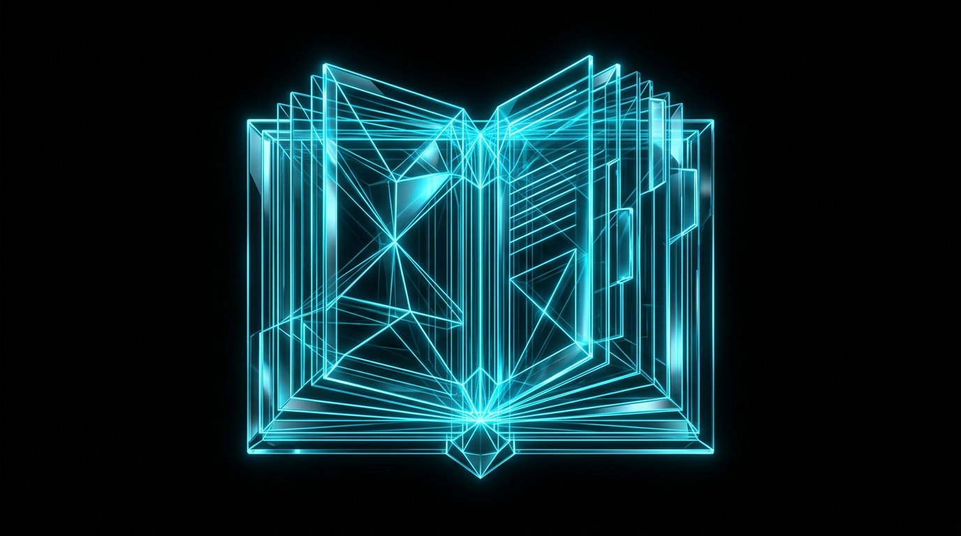 An abstract geometric structure of thin electric cyan lines representing a glowing, verified document on a black background.