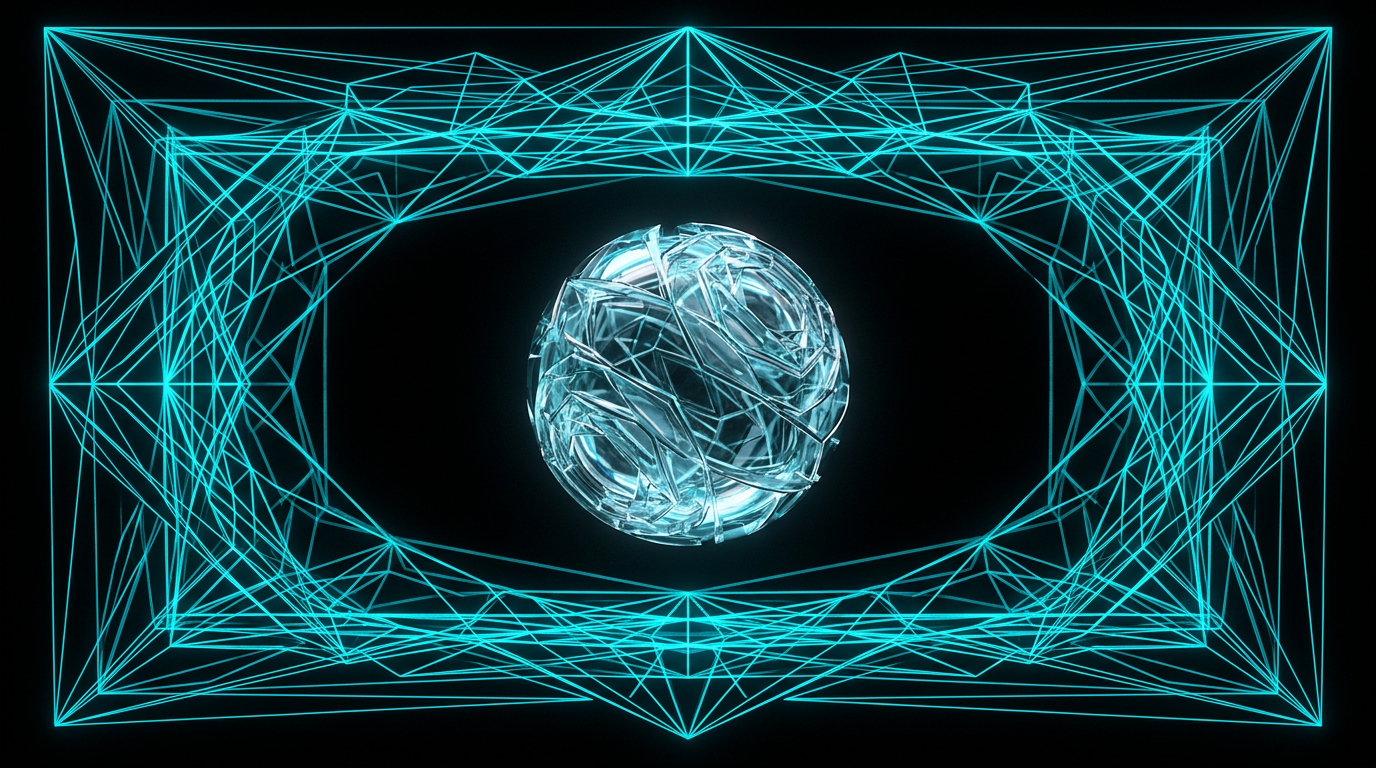 An abstract geometric illustration of a rigid cyan frame surrounding a dynamic glass and metal core, representing the separation of system rules and user input.