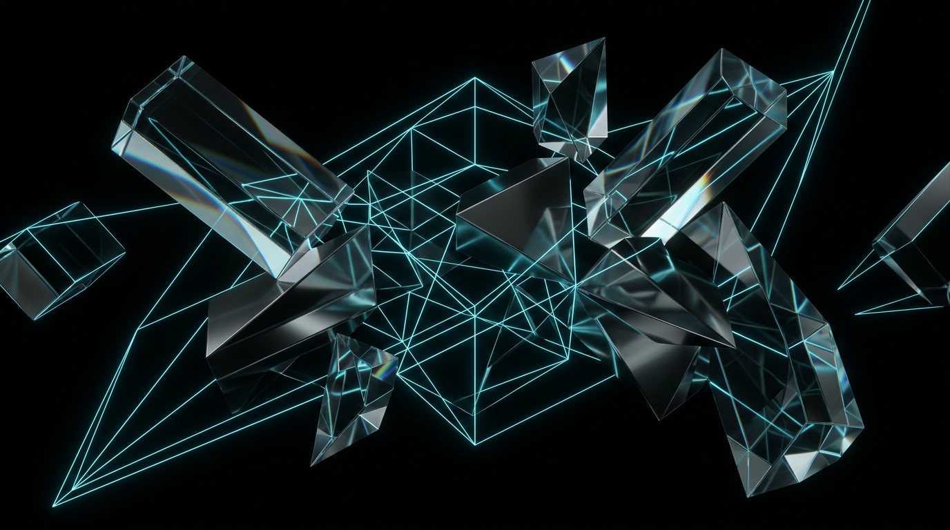 Minimalist abstract 3D composition with glowing cyan lines and glass prisms against a pure black background