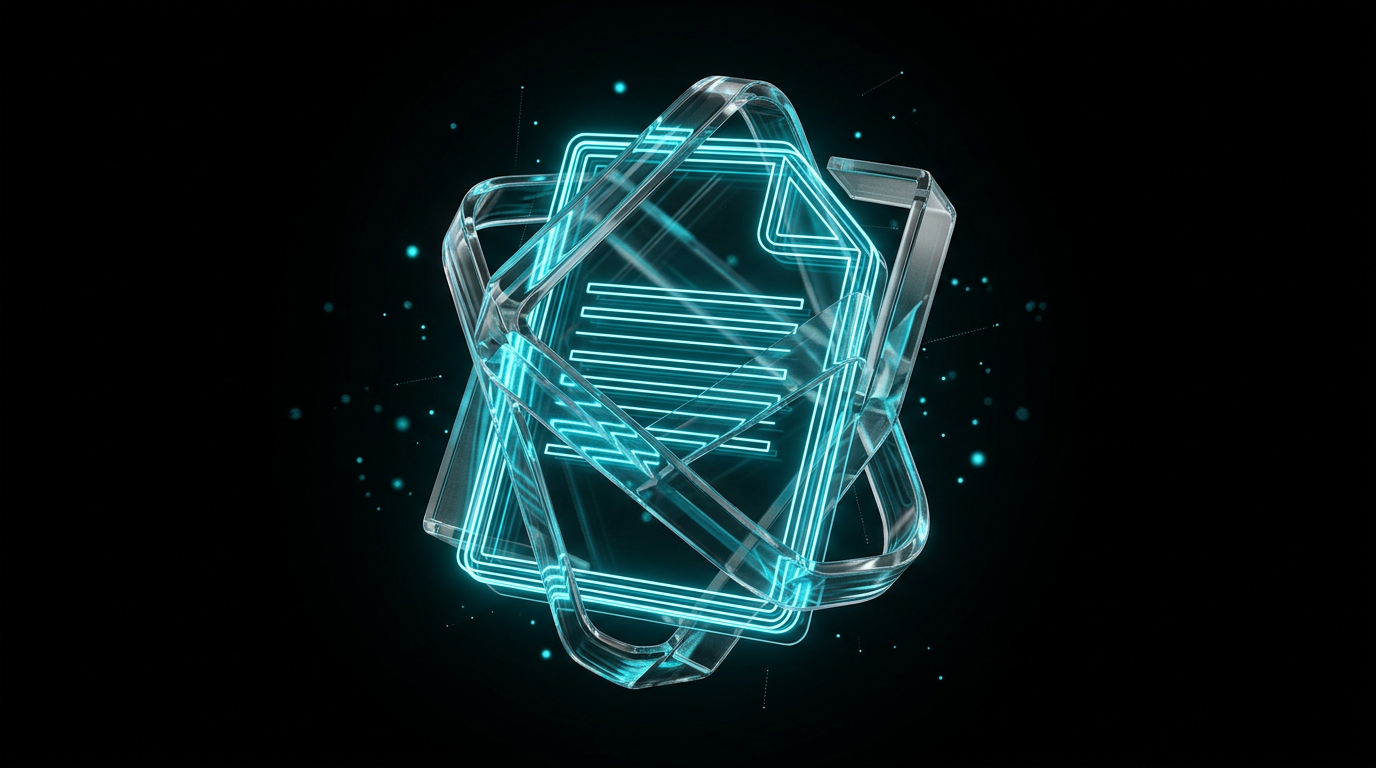 An abstract glowing cyan geometric blueprint of a document floating over a dark background, symbolizing a precise digital proposal.