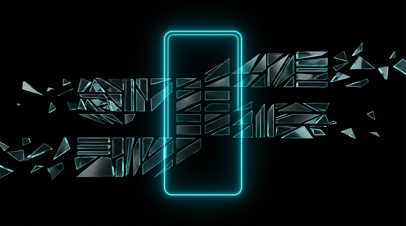 An abstract editorial illustration of a glowing cyan mobile phone silhouette made of geometric lines on a black background