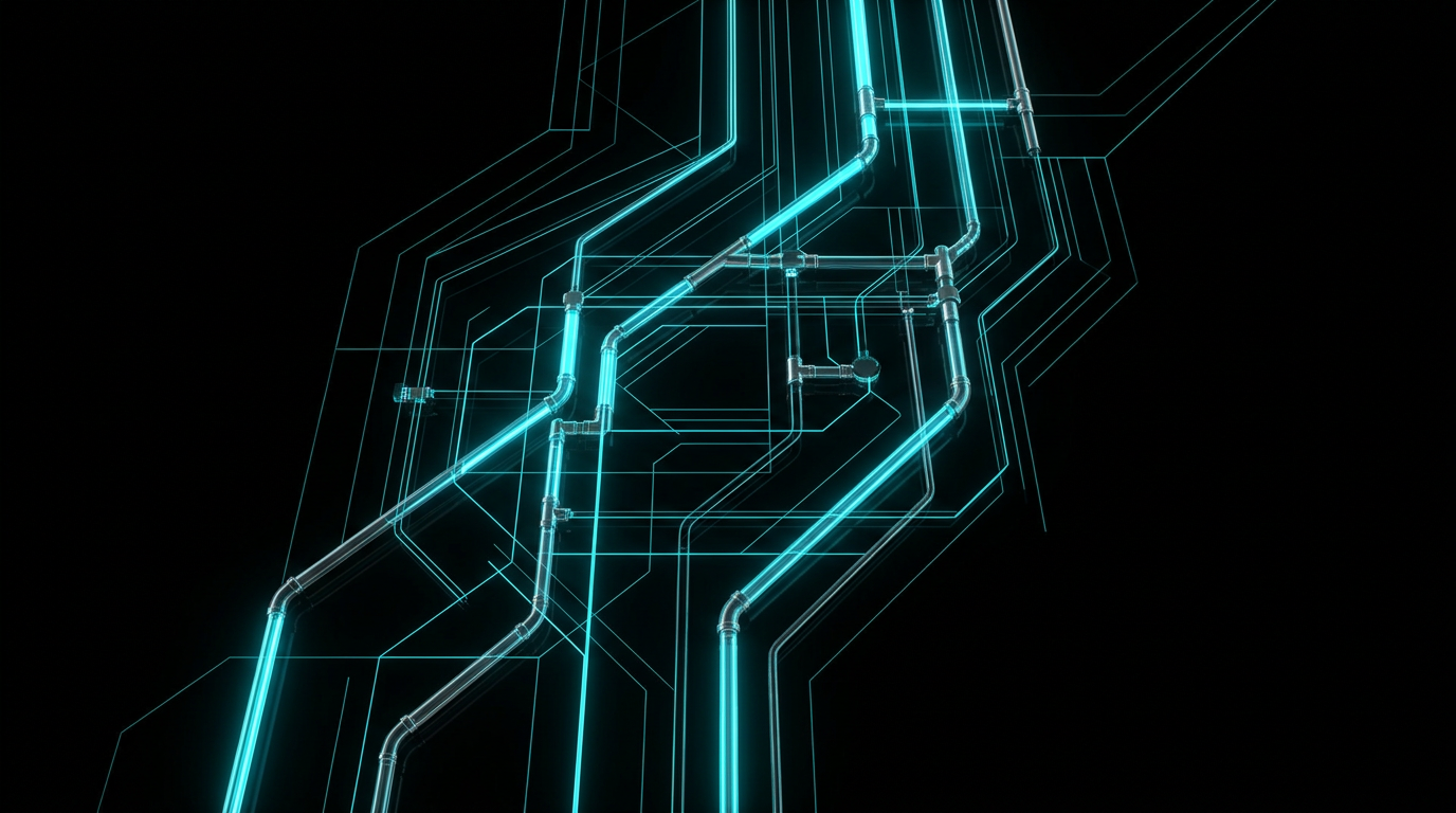 An abstract digital illustration of glowing cyan pathways and geometric glass channels representing weekly recurring flows against a dark background.