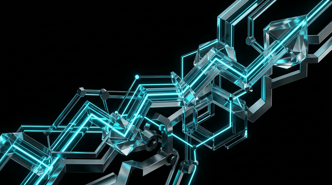 An abstract composition of glowing cyan geometric lines and glass forms on a black background.