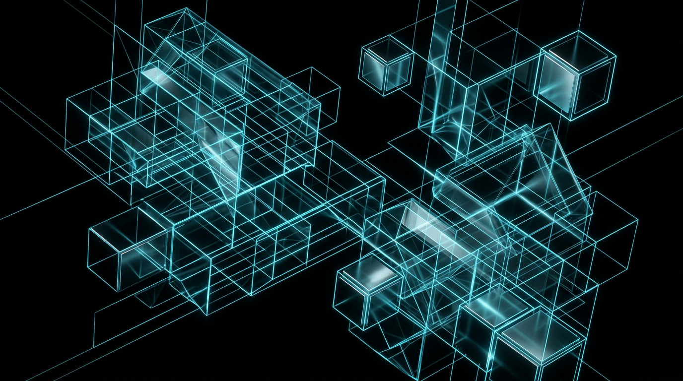 Abstract blueprint style illustration with glowing electric cyan lines and glass shapes on a black background