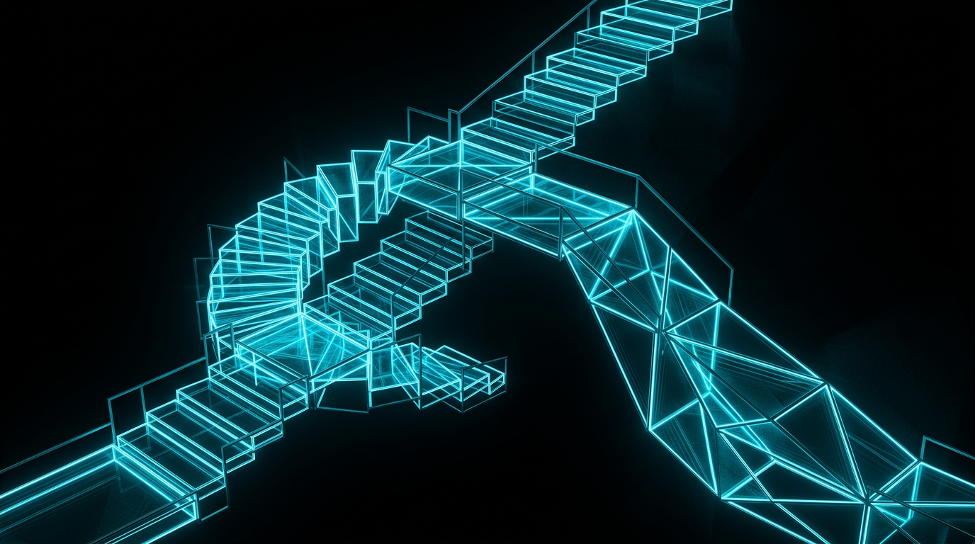 An abstract design of glowing cyan geometric steps connected by thin lines on a black background