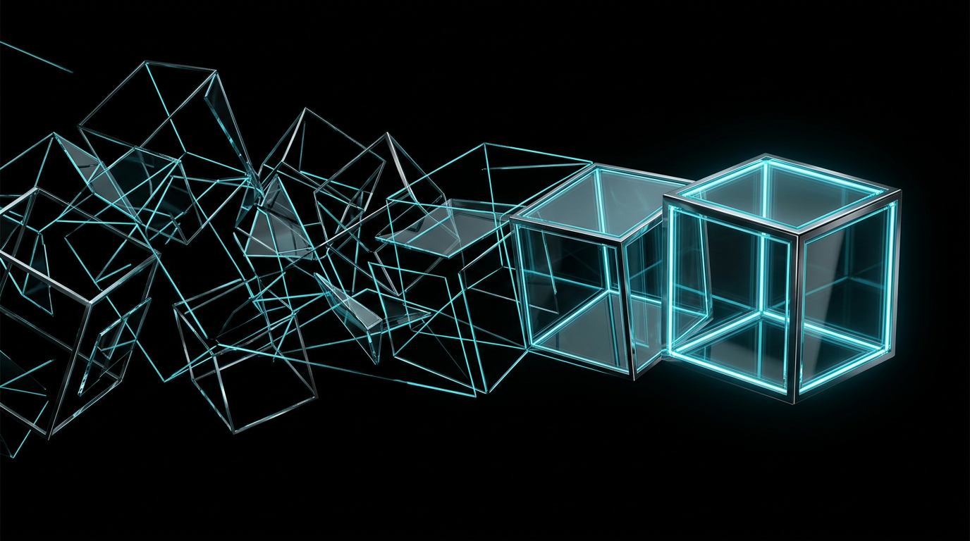 Abstract cyan geometric lines and glass cubes aligning on a dark background.