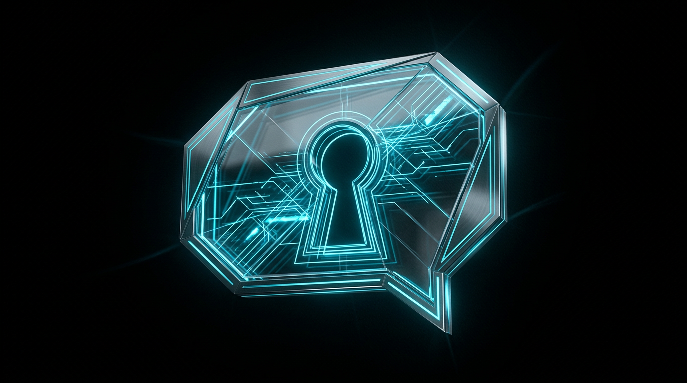 Abstract cyan line art of a glass speech bubble and keyhole on a black background