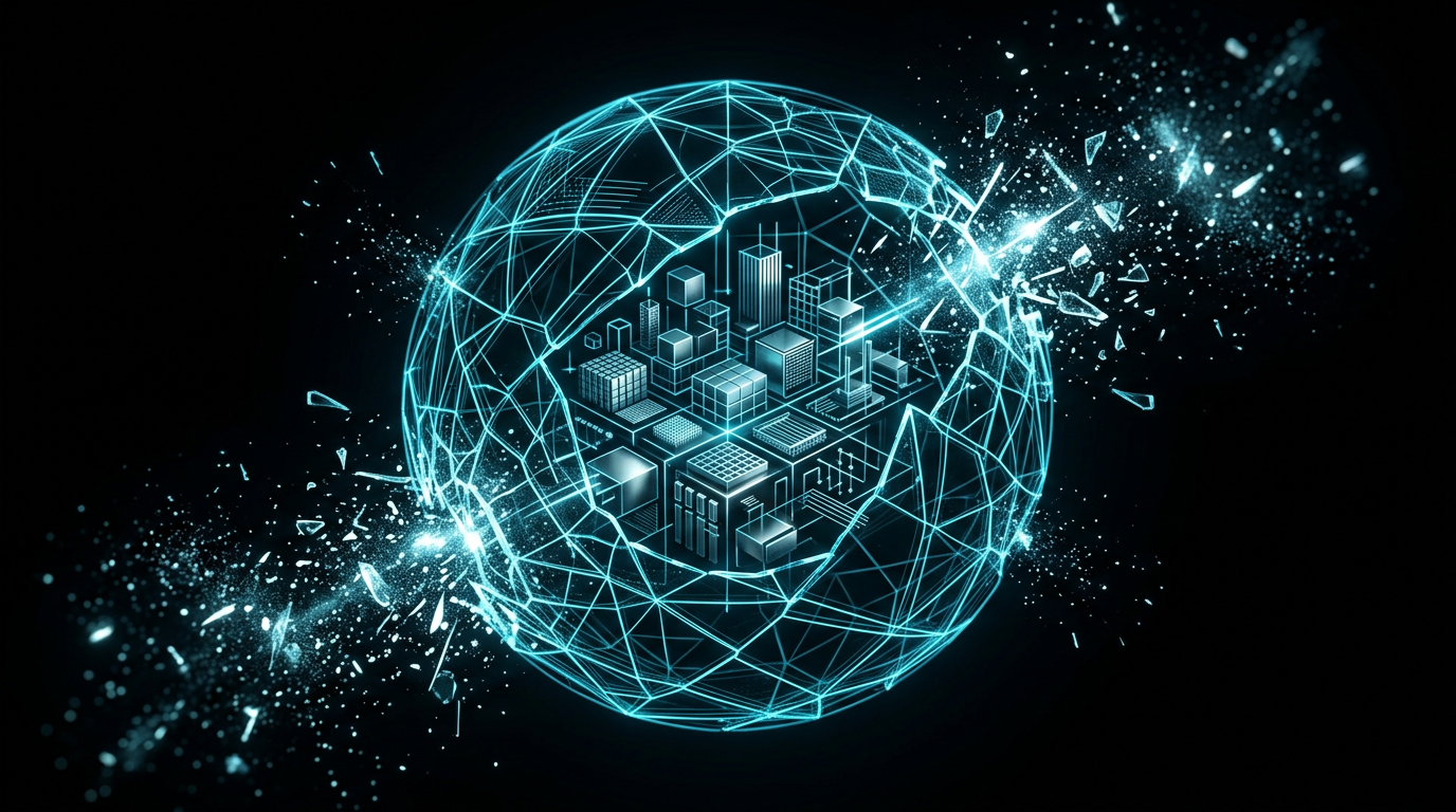 An abstract editorial illustration showing a delicate glass sphere cracking, with glowing blue light and structured metal shapes inside.