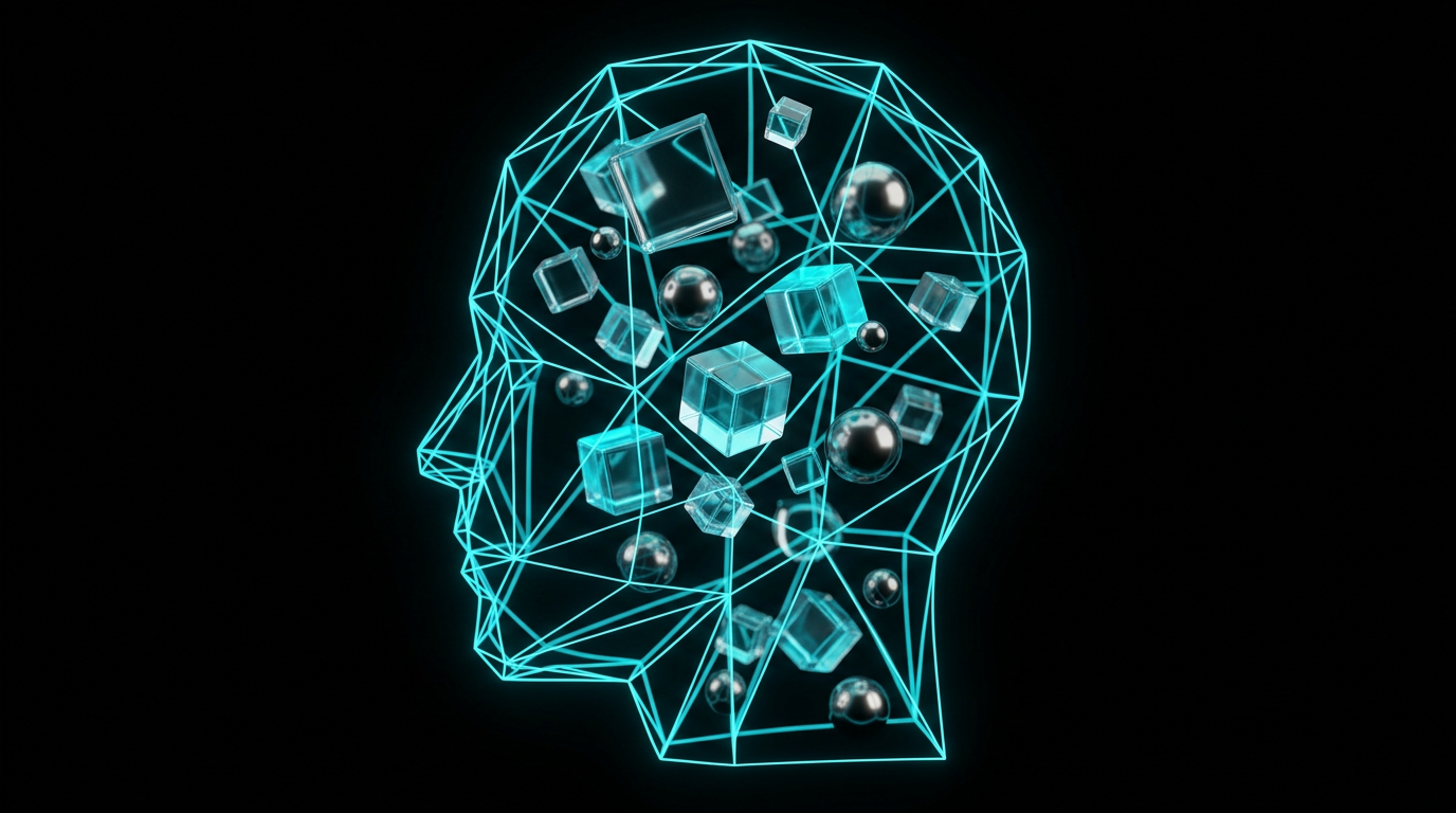 An abstract illustration of a head outline filled with geometric glass shapes and glowing cyan lines on a dark background