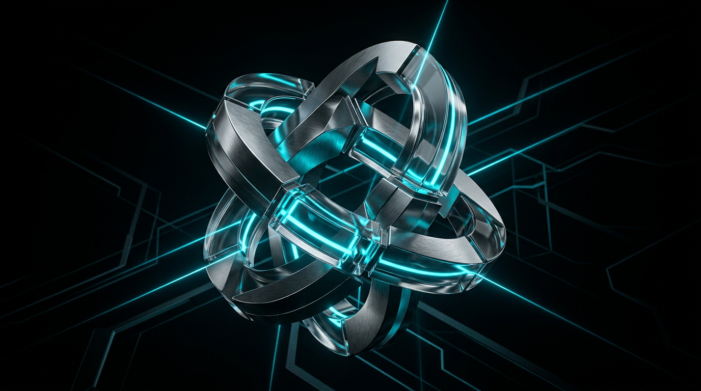 An abstract geometric sculpture of glass and metal glowing with electric cyan light on a black background.