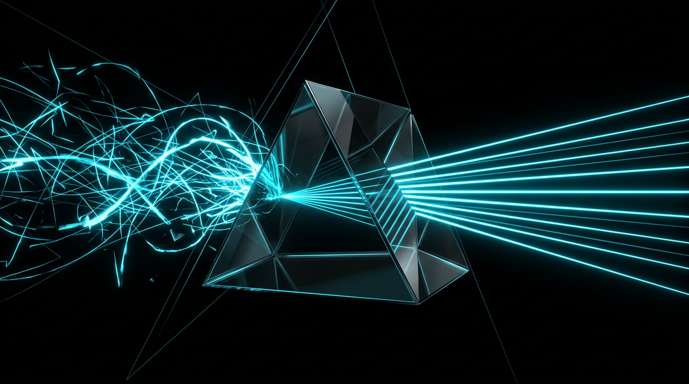 An abstract geometric illustration of a glass prism sorting chaotic cyan light into clean, structured paths on a black background.