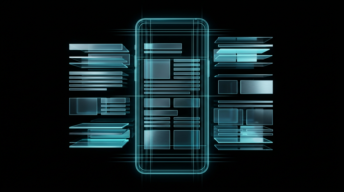 Abstract geometric representation of a smartphone screen constructed from cyan light and floating glass panels on a black background.