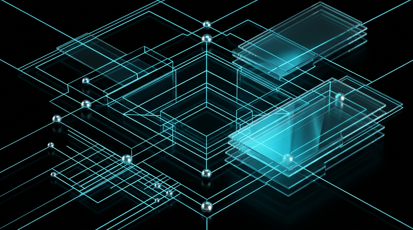 Abstract cyan geometric line work and glass forms on a black background representing deep structure beneath a shallow surface