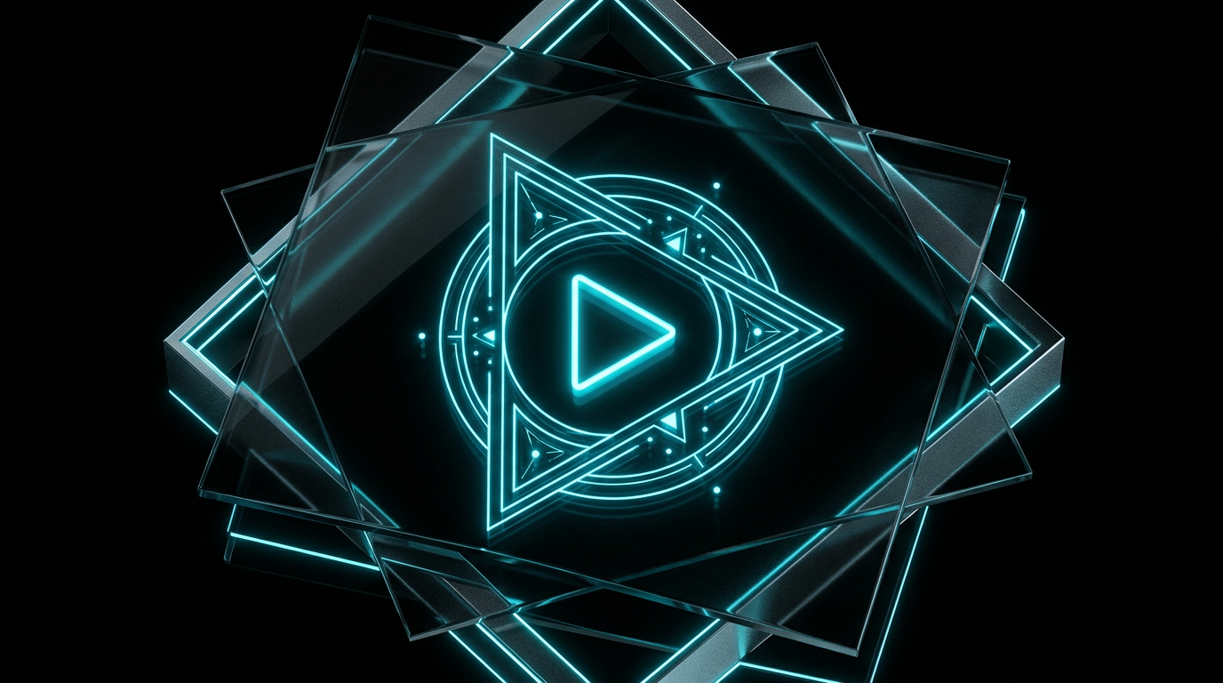 Abstract cyan line art of a glowing video frame on a black background
