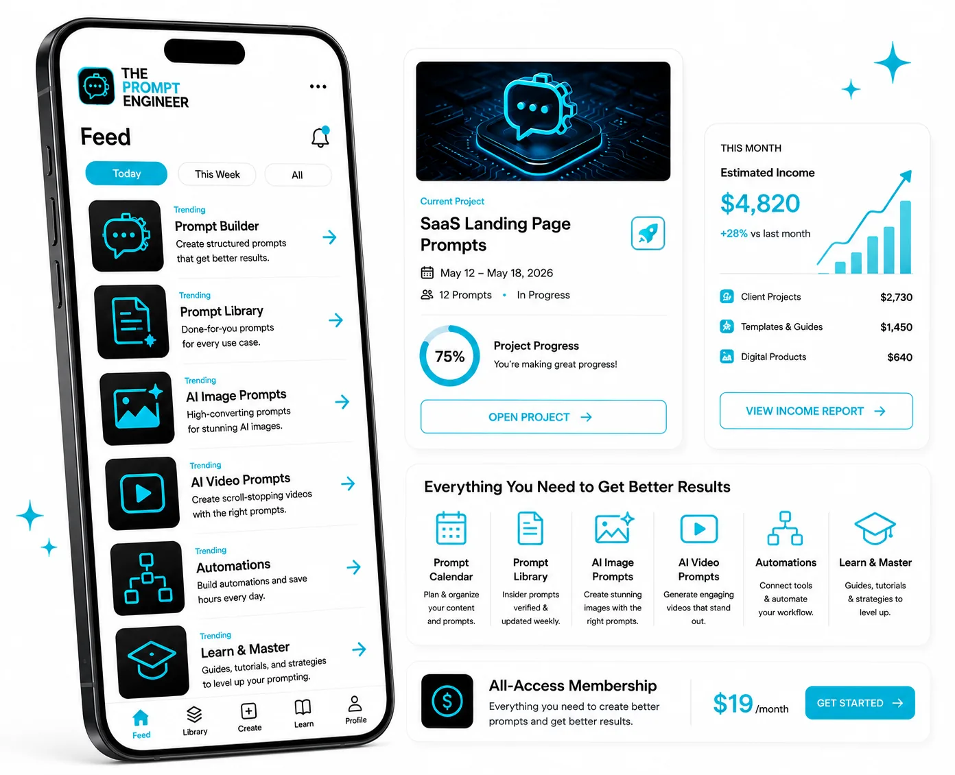 Prompt Engineer app feed and project views